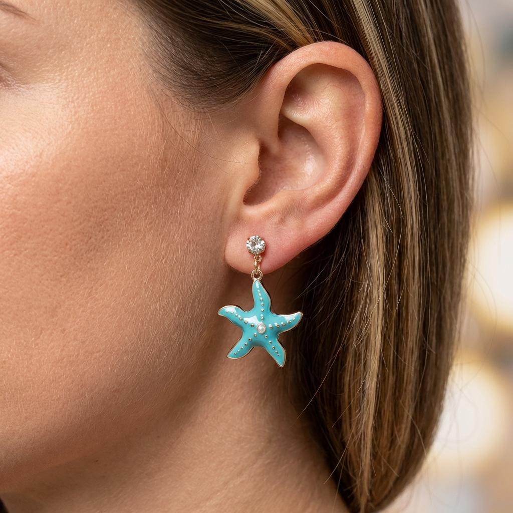 Orecchini Pendenti Stella Marina Estiva per Donna Blu Sfumato Strass Perla Barocca Pendente Mermaidcore Gioielli Oceanici