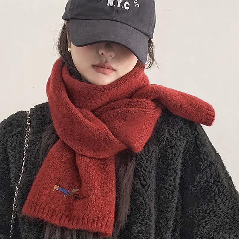 Korean Style Thickened Winter Puppy Embroidery Scarf - Warm, Versatile, Windproof Shawl for Women