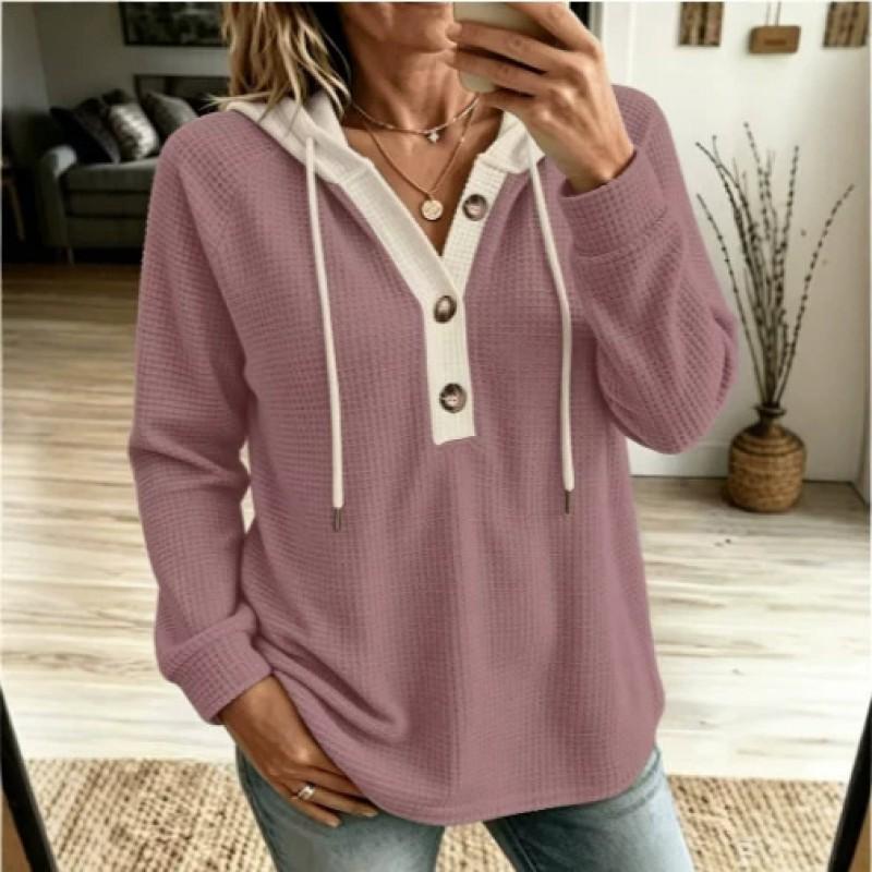 2026 Long Sleeve Hooded Sweatshirt Waffle Knit Button V-Neck Pullover Casual Wear