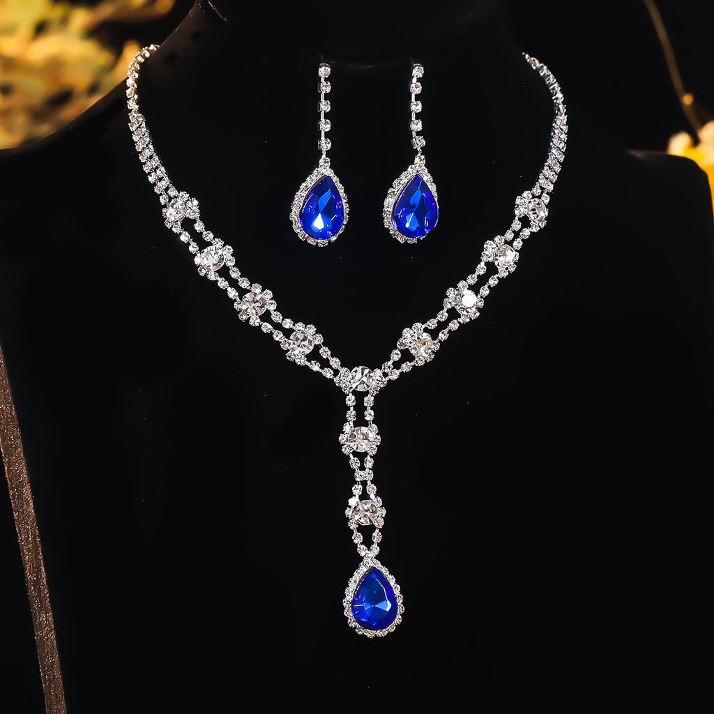 Black, Blue, Red and White High-level Sense of Super-flash Full of Diamonds Droplets Necklace Earrings Two-piece Bridal Jewelry Set