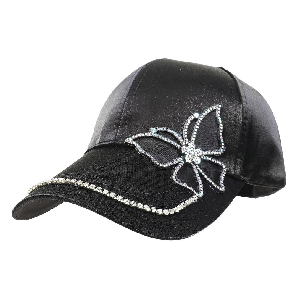 Fashion Women Rhinestone Butterfly Baseball Hat, Shiny Satin Sun Cap with Crystal Brim Decoration, Adjustable Elegant Casual Peaked Visor Hat