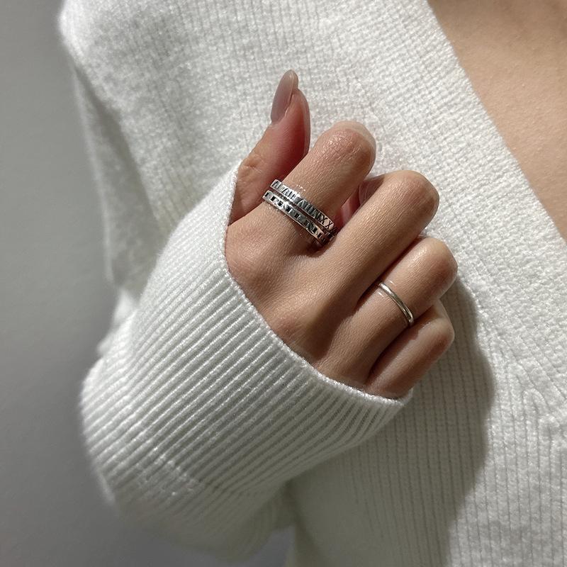 Korean Roman Numeral S925 Sterling Silver Square Ring, Minimalist INS Style