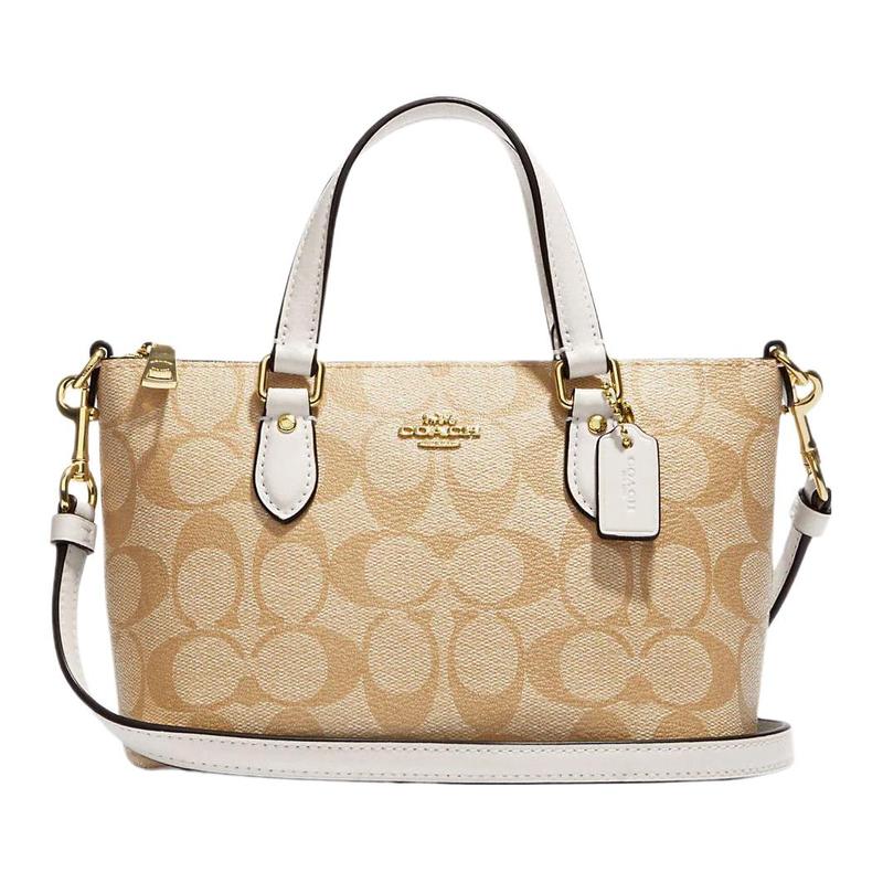 

COACH Gallery 20 Zipper closure classic print canvas with leather handbag shoulder bag crossbody bag small size women s khaki with white білий