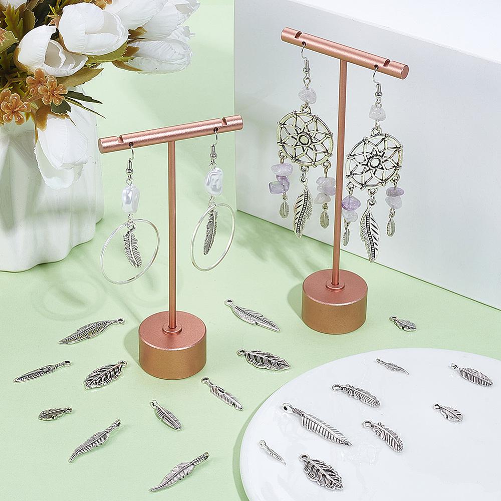 100Pcs 10 Styles Tibetan Style Alloy Pendants, Feather/Leaf Charms, Antique Silver, 12~36.5x3~11x1.5~4mm, Hole: 1.2~2mm, 10pcs/style