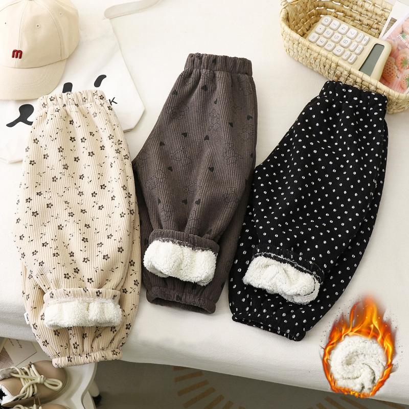 Baby Girls Boys Warm Fleece Kids Printed Pants Thicken Warm Plus Velvet Trousers Autumn Winter Children's Clothing Korean Style