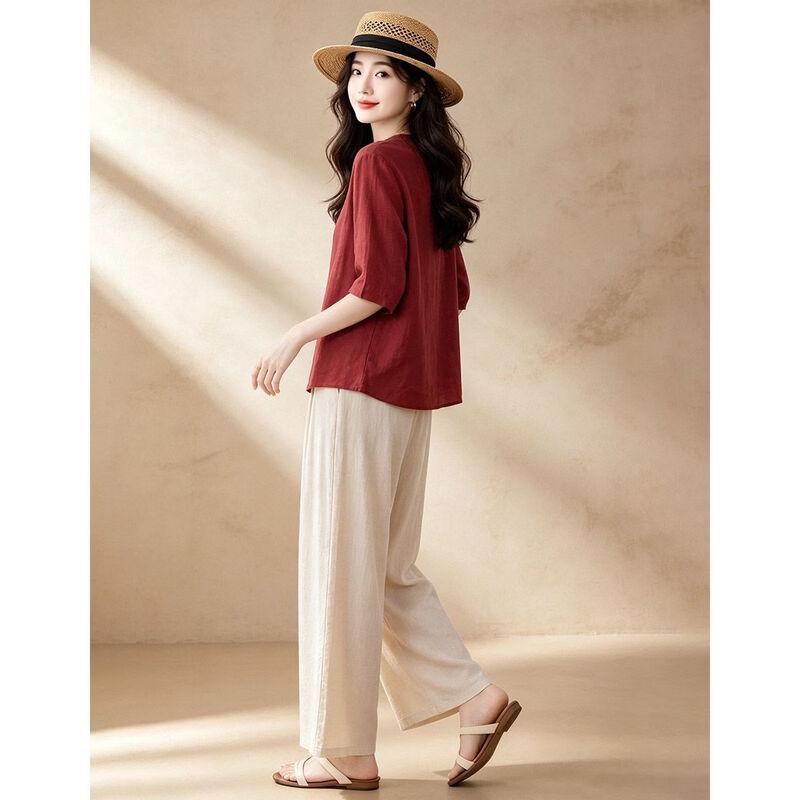 D.F.DEAR Women's Linen V-Neck Top & Wide-Leg Pants Set