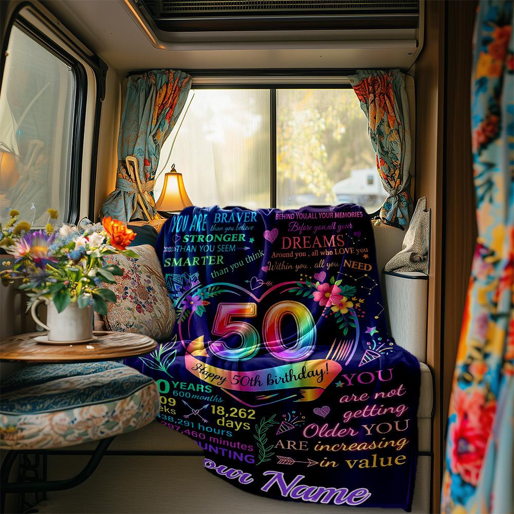 Happy 50Th Birthday Customizable Blanket Customize Your Name Soft Cozy Throw For Picnics Outdoor Travel And Camping Sofa Office Allseason Use Travel