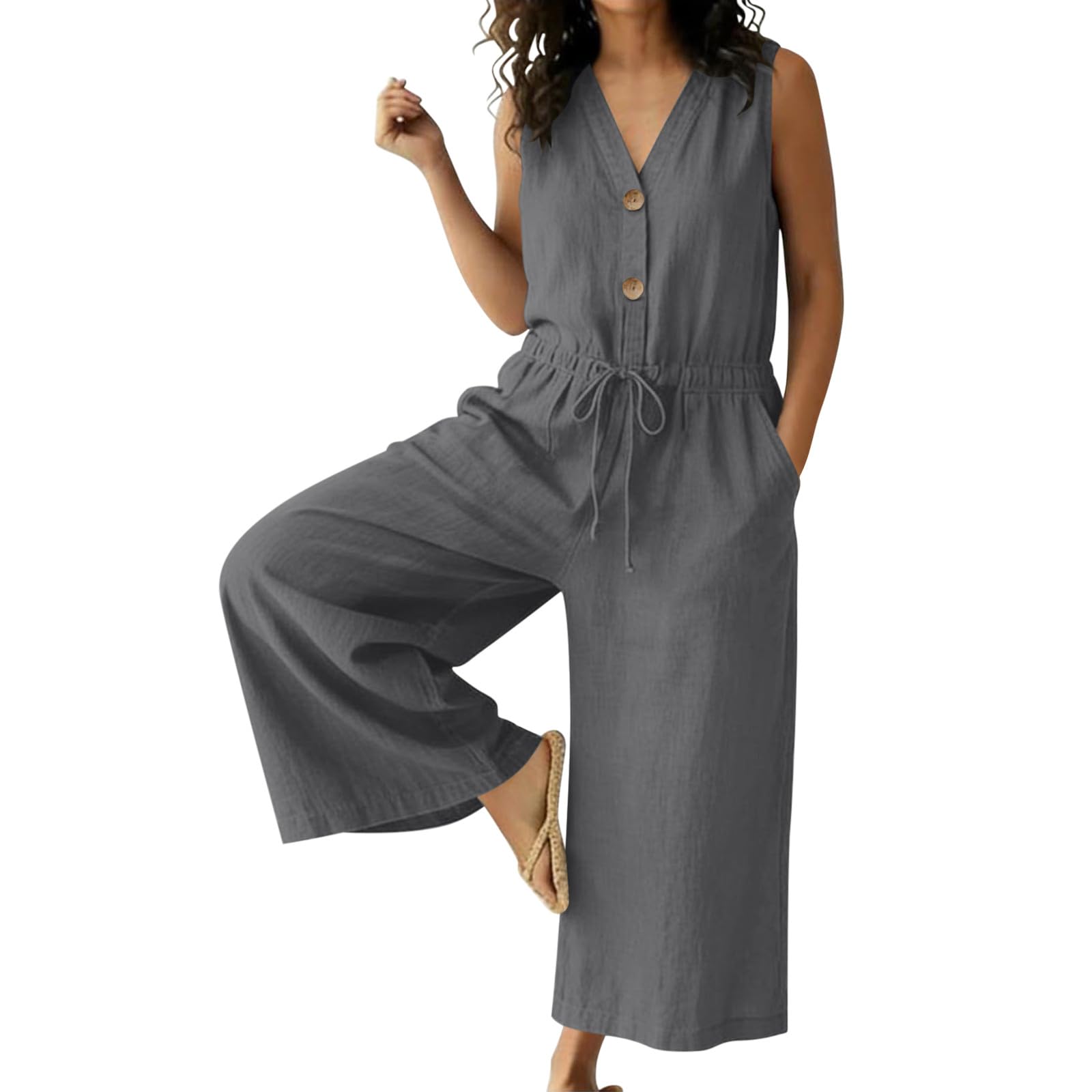 

Women Button Down Sleeveless Rompers Wide Legs Cotton Linen Rompers With Pocket XXL
