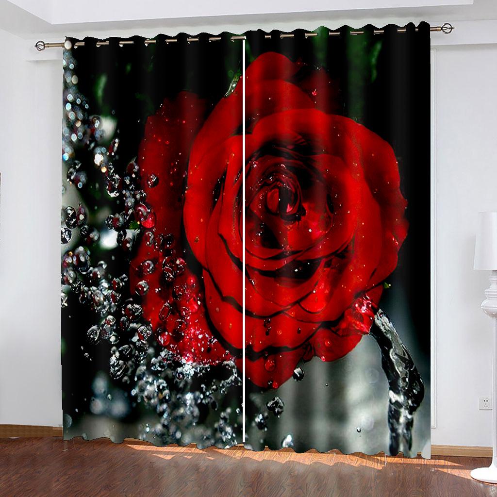 2 Panel Red Rose Pink Flower Curtains for Girls Bedroom Floor-to-ceiling Window Kitchen Shutters Window Semi Blackout Cortinas