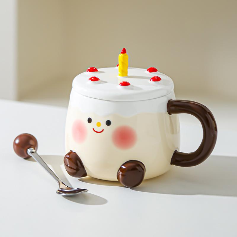 Creative Cartoon Cake Cup Birthday Gift Souvenir Ceramic Cup Cute Good Looking Water Cup with Lid Mug