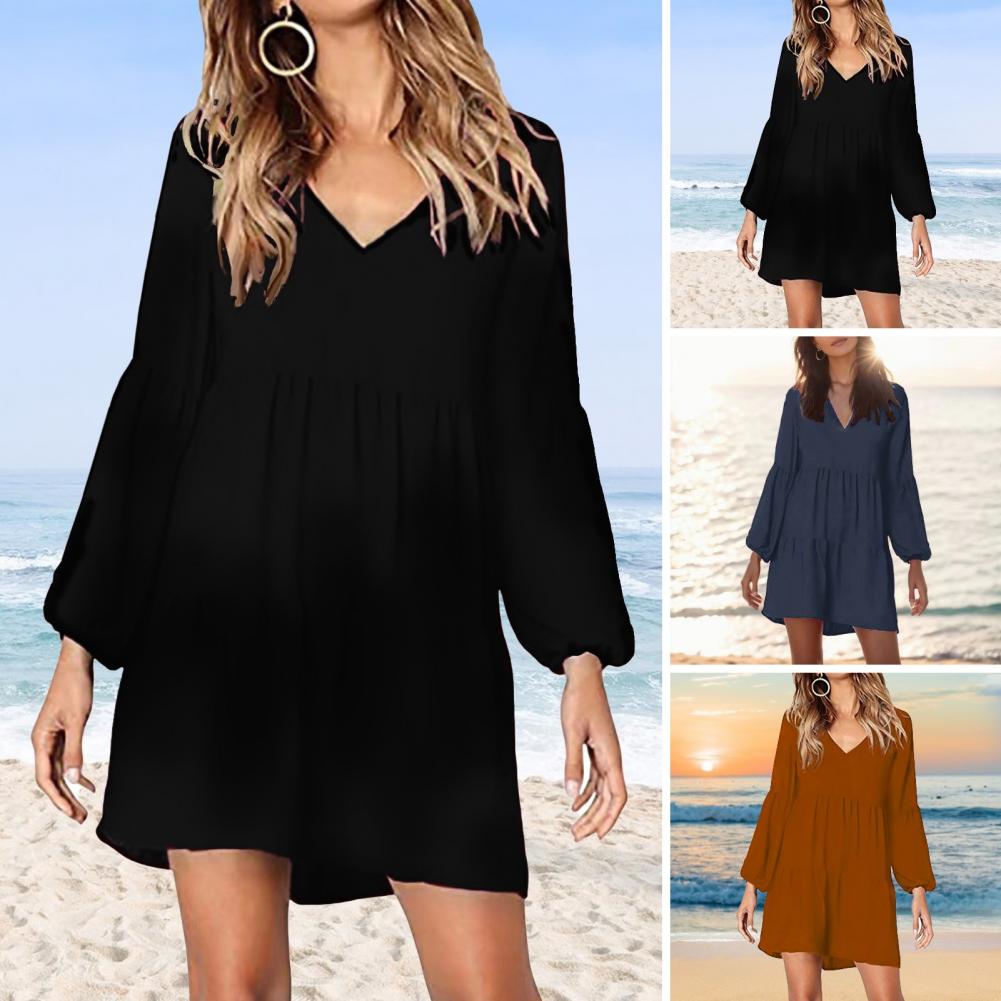 Women Fall Spring Dress V-Neck Single Color Comfortable Fit Patchwork A-line Big Swing Long Lantern Sleeve Soft Pullover Above Knee Mini Dr