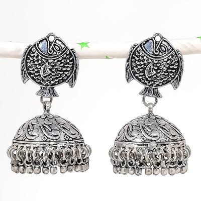 Natural Indian Look Jhumki Gemstone Silver Tribal Bali Earring 2.17" b3S07