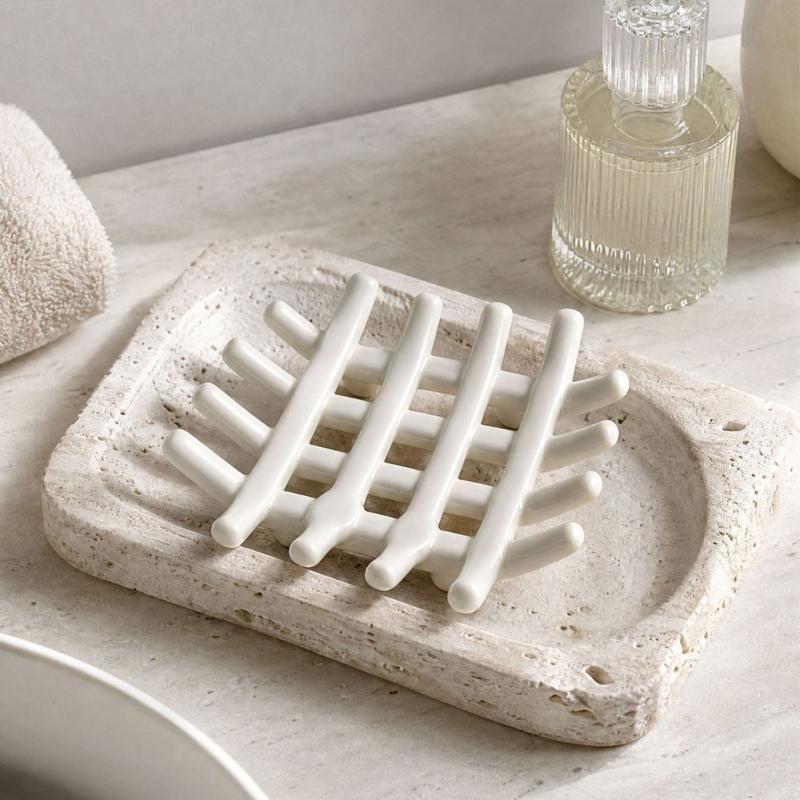 Countertop Ceramic Soap Dish with Raised Drain Rails for Bathroom Sink Use, Kitchen Counter and Guest Washroom