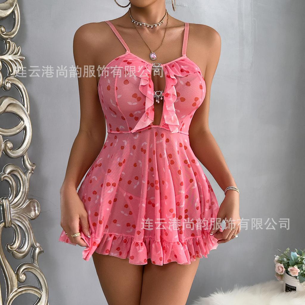 European and American printed suspender nightdress French floral sex pajamas women's summer sexy mesh dress women's models