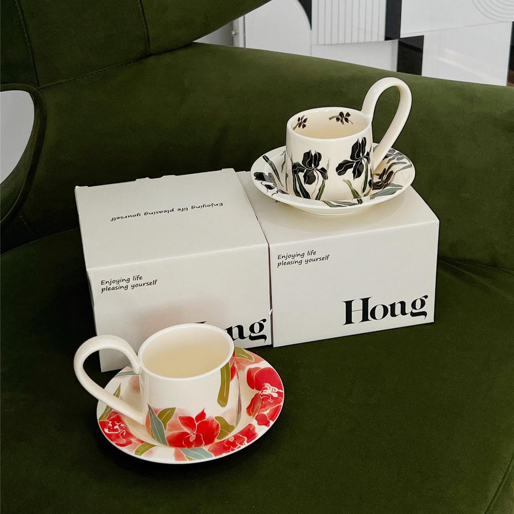Mittelalterliche Iris Keramik Kaffeetasse Untertasse Latte Latte Tasse Nachmittagsteetasse Retro Tasse Geschenkbox