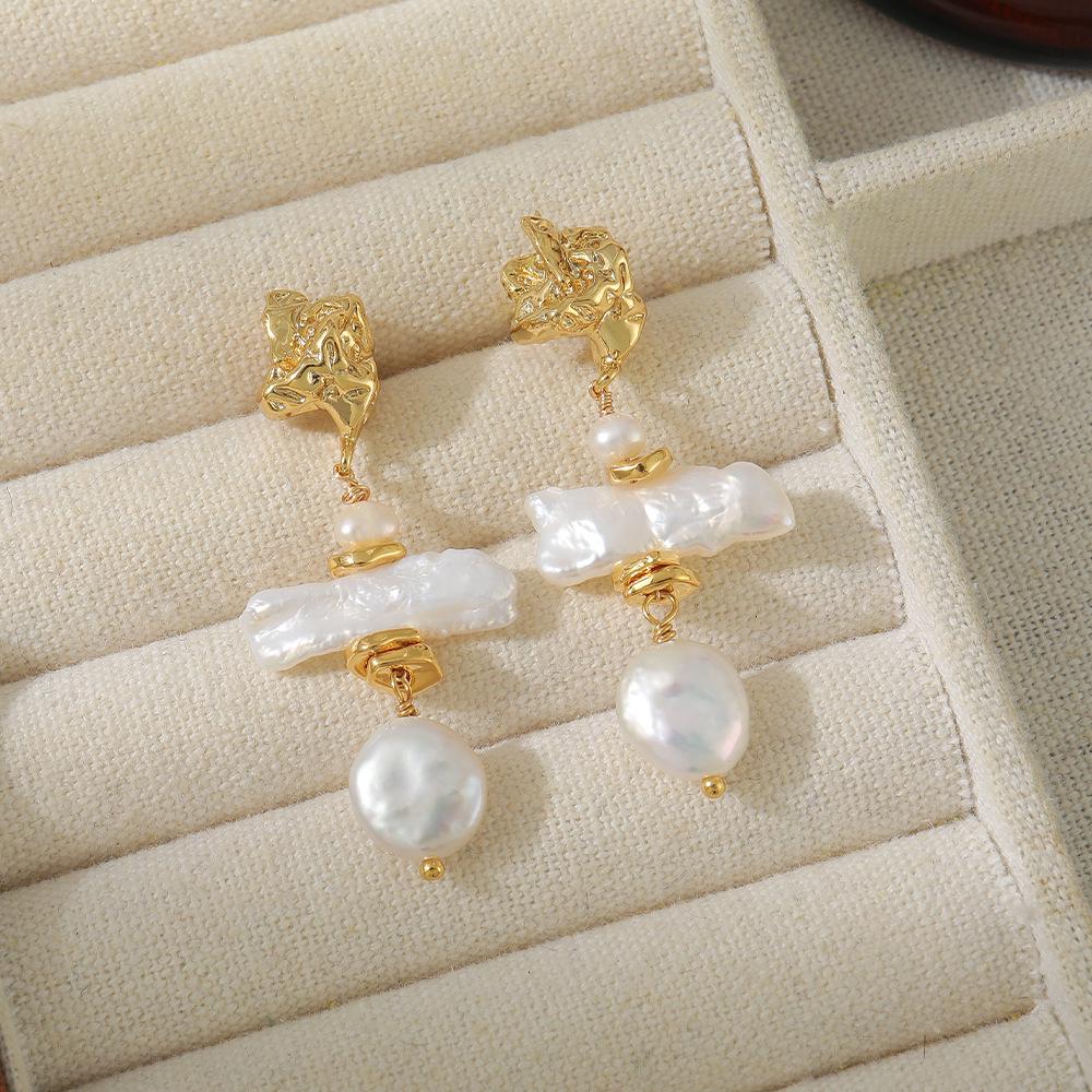 GEMCHIC Women s Baroque Pearl Dangle Earrings Gold Plated Copper Irregular Freshwater Pearl Statement Drop Earrings