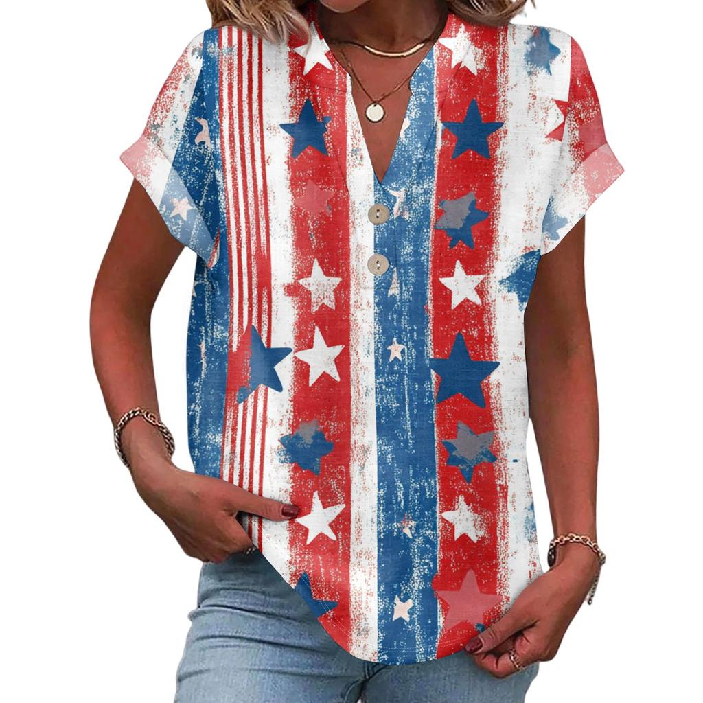 Women's Casual Fashion V-Neck Button Independence Day Print Short Sleeve Top