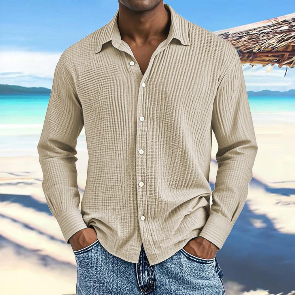 Men's Cotton Shirts Long Sleeve Casual Button Down Textured T-Shirt Loose Vacation Beach Lightweight Topsrt