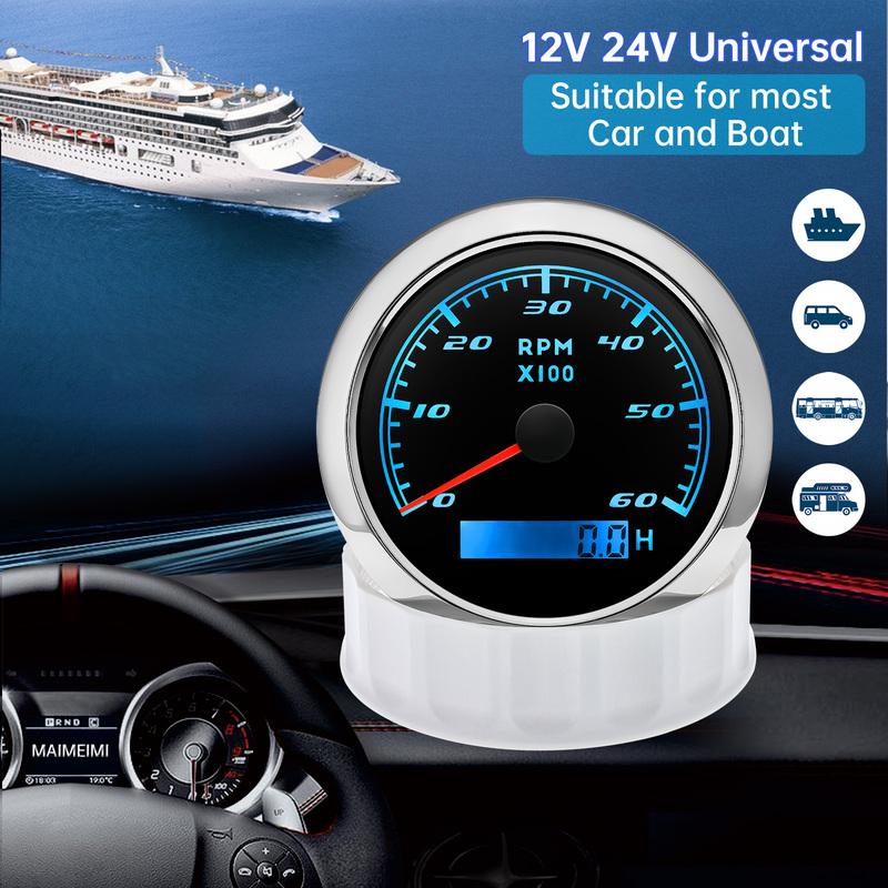 3K-8K Boat Tachometer Marine Tacho Meter Gauge LCD Hourmeter 12V/24V 8000 RPM 85mm Car Tachometer Toerenteller Speedometer Boot