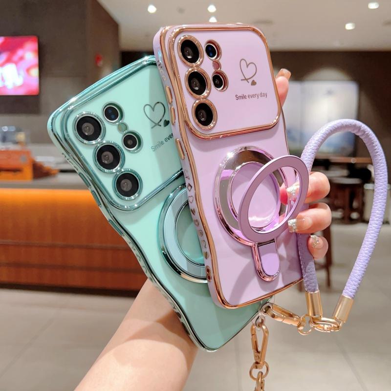 Wavy Frame Wrist Strap Phone Case for Samsung Galaxy S22 S23 S24 S25 Ultra Plus Edge A55 A54 A56 A36 A24 Silicone Soft Protective Cover Magnetic Stand