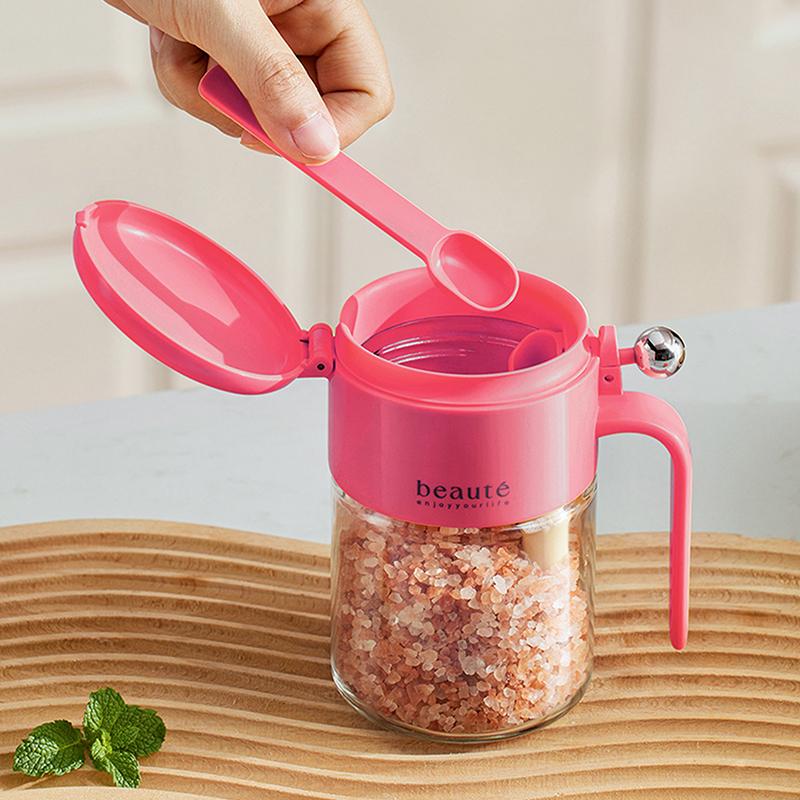 1Pcs Seasoning Organizer Jars, Glass Containers, Airtight Lid Design, Built-In Spoon Dispenser, Spices Bottles Outdoor Tableware