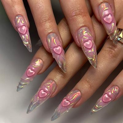 24 Stück Nagel Nagelstück 3D Rosa Liebe Falscher Nagel Super Lang Spitzer Nagel Heißes Nagelstück