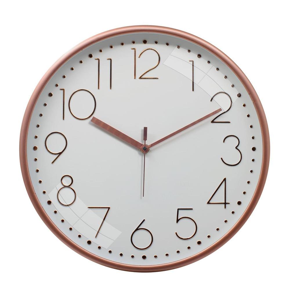 Embossed Metallic Analog Wall Clock, Silent Sweep, Numeric Time Indicator (12 Inches, Copper and White)