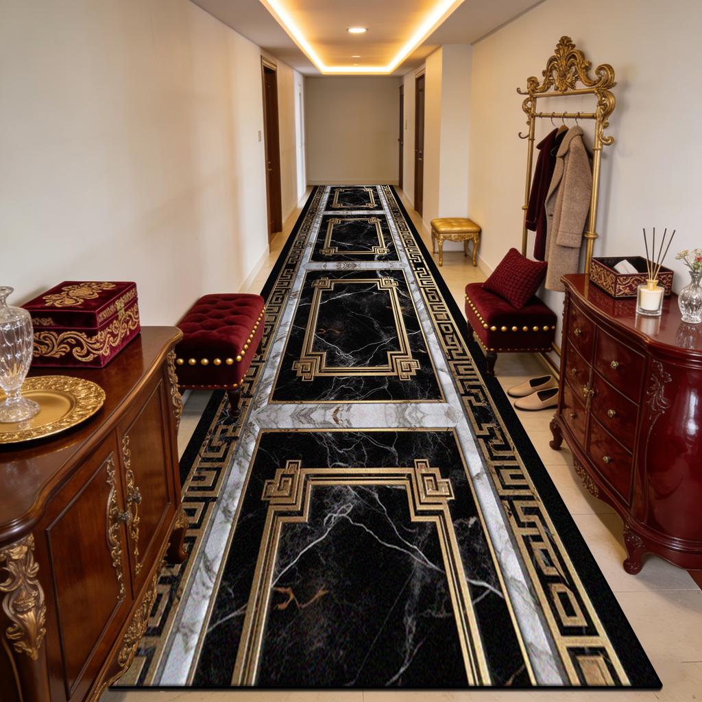 Tapete de Corredor Macio de Mármore Preto de Luxo Europeu Antiderrapante Sem Fiapos Tapete Longo Decorativo para Casa Luxo Fácil de Limpar Tapete de Chão