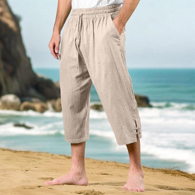 Men's Casual Summer Waist Drawstring Multi-pocket Linen Cropped Pants Beach Pants