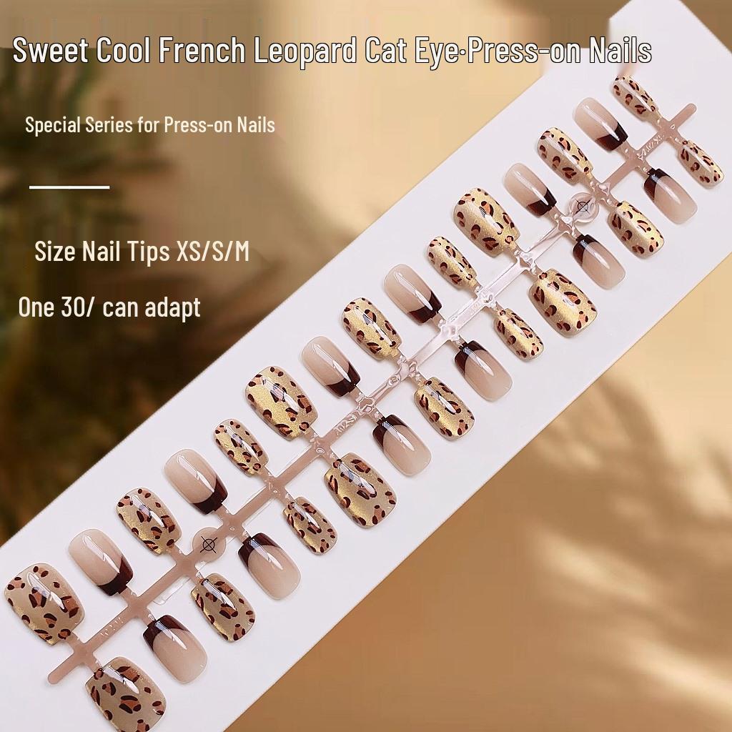 

Trendy Leopard Print & Cat Eye Press-On Nails - Sweet, Cool French Style