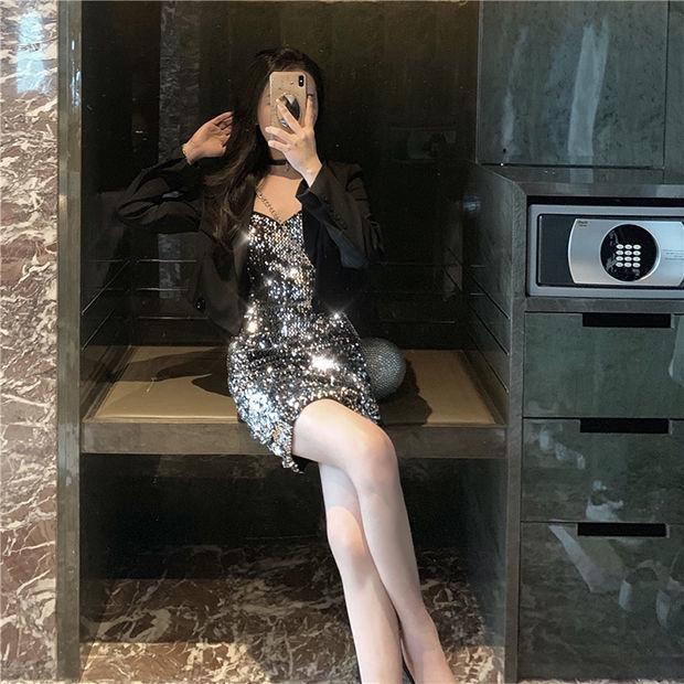 Sequin Camisole Dress with Coat - Women's Autumn/Winter Hip-Wrapping Black Evening Dress