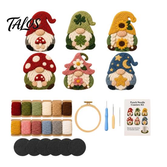 Gnome Punch Needle Coaster Kit Kit, DIY Craft Set with Pre-Printed Fabric for Adults Yarn Hoop Felt Backings, Embroidery Beginners And