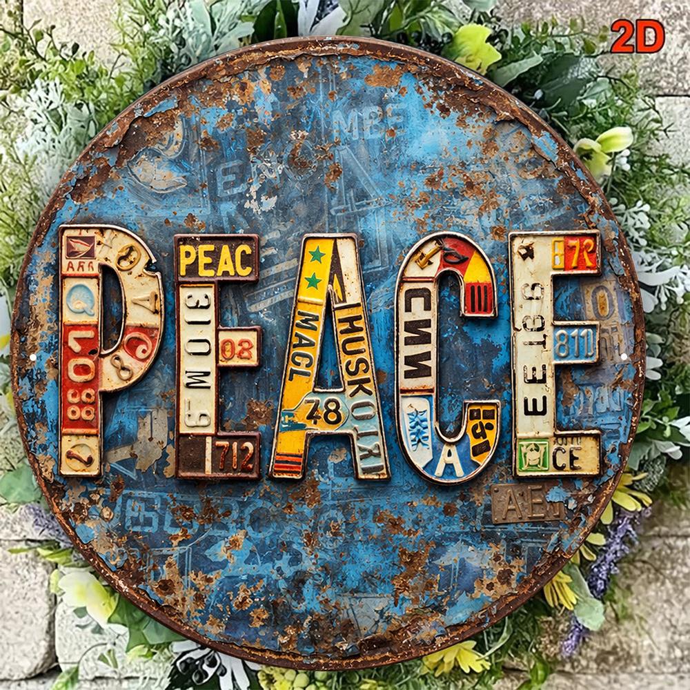 D Vintage Metallschild Frieden Runde Aluminiumplatte Wandkunst Dekor für Wohnzimmer Bar Café Geschenk