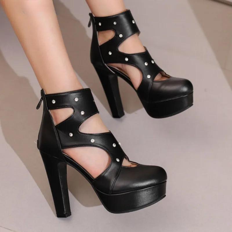 Fashion Women Sandals Round Toe Chunky Heels 12cm Platform 3.5cm Zipper Crystal Plus Size 48 49 50 Party Shoes