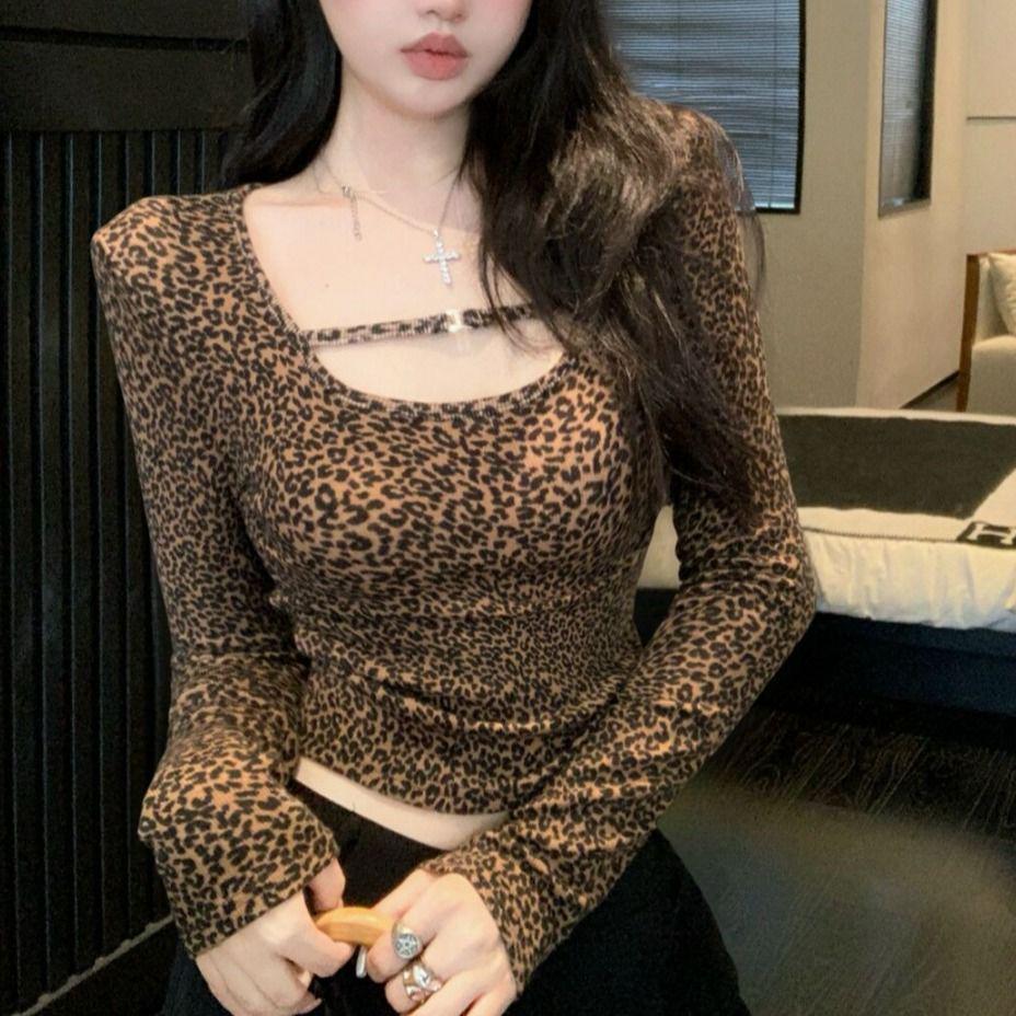 T-shirt da Donna a Manica Lunga con Stampa Leopardata, Vestibilità Slim, Scollo a U - Stile Europeo e Americano