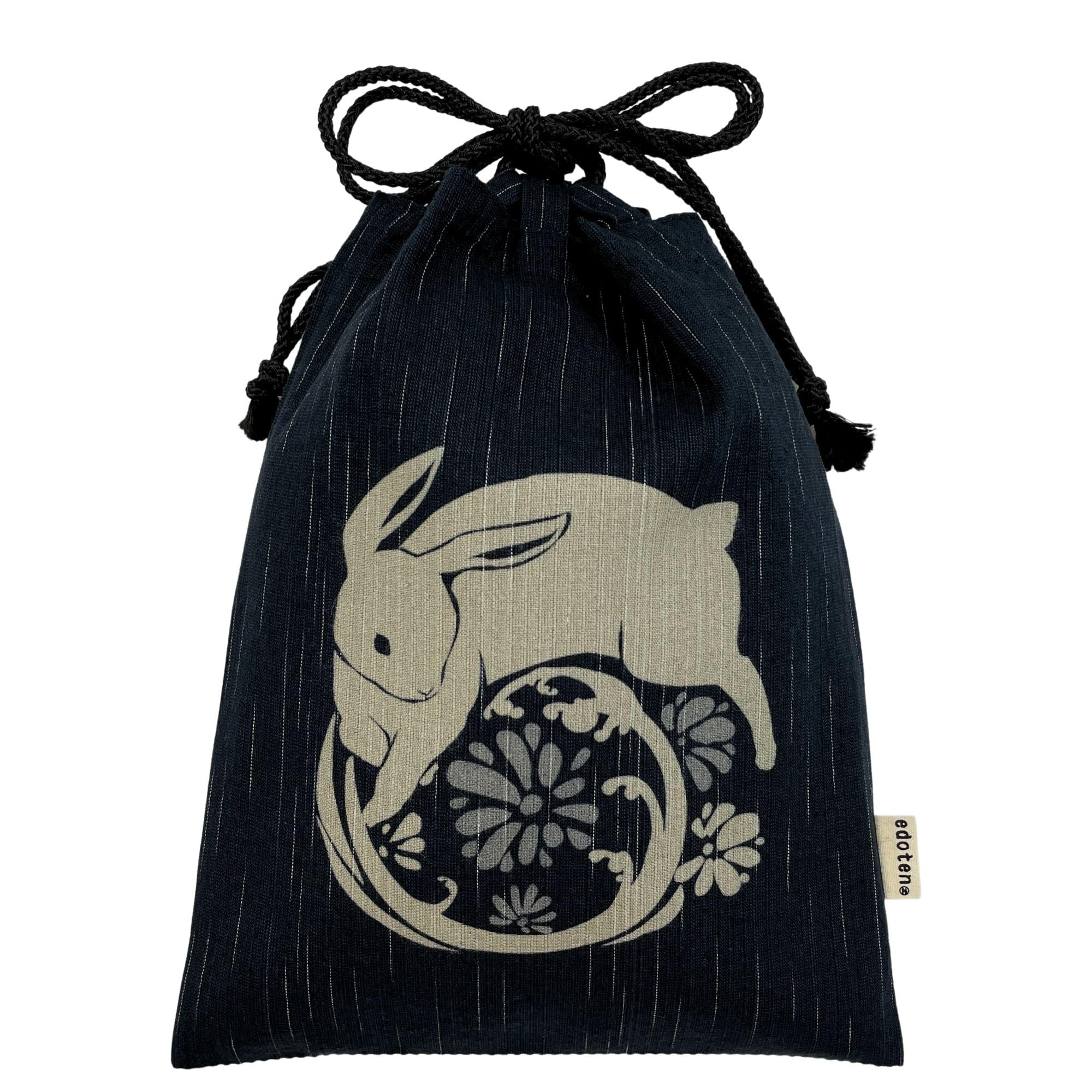 

Edoten Shingen Cotton Shijira Drawstring Goshuincho Bag with Inner and 046 Rabbit and Daisy Black Bag, Discharge-Dyed Pattern, 100% Fabric, Bag,