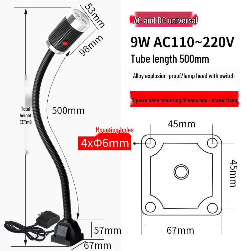 Nine Machine Tool Gooseneck Magnetic Work Light - 3W/6W/9W, 24V/220V, Strong Magnetic Base, Long Arm