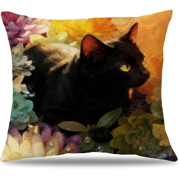 Floral Black Cat Pillow Cover 18x18, Cat Lovers Gifts for Women, Garden Cats Decorative Pillowcase for Home Bedroom Living Room