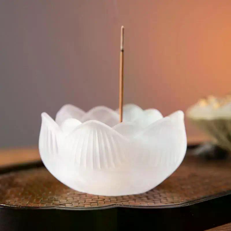Creative Crystal Glass Lotus Incense Holder Home Decor Indoor Fragrance Stick Burner Smudging Ceremony Tea Ceremony Zen Ornament