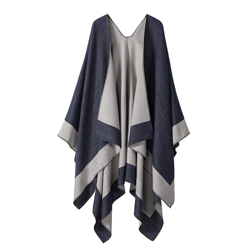 Women's European & American Double-Sided Solid Color Cape Shawl with Striped Edge