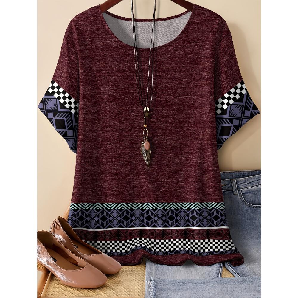 Summer Women Pattern Splicing 3D Printed Short Sleeved T-shirt Fashionable Comfortable Soft Breathable Large Loose Retro Style T-shirt