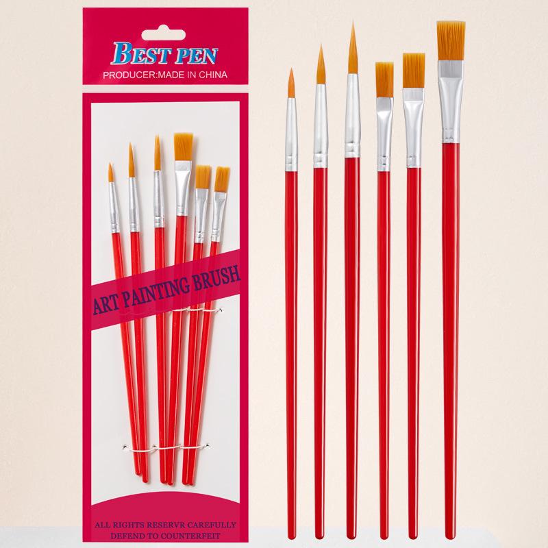 Set of 6 Mixed Head Paintbrushes: Watercolor, Gouache, Nylon Bristle, Round and Liner Brushes for Kids.
