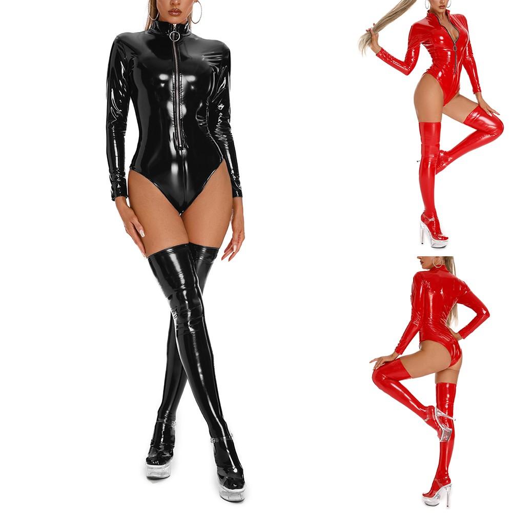 Shiny Bodysuit Stage Wet Look Zip Leotard Tops Clubwear