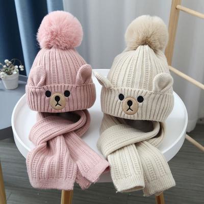 Comfortable Plush Bear Children Scarf Hat Set Cartoon Warm Wool Beanie Neck Warmer Cute Warm Knitted Cap Girls