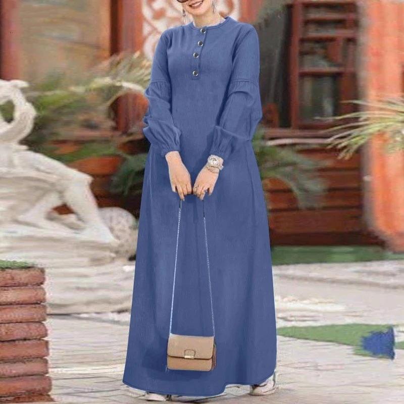 Abito Lungo da Donna a Maniche Lunghe con Bottoni e Maniche Arricciate, Monocolore, Casual