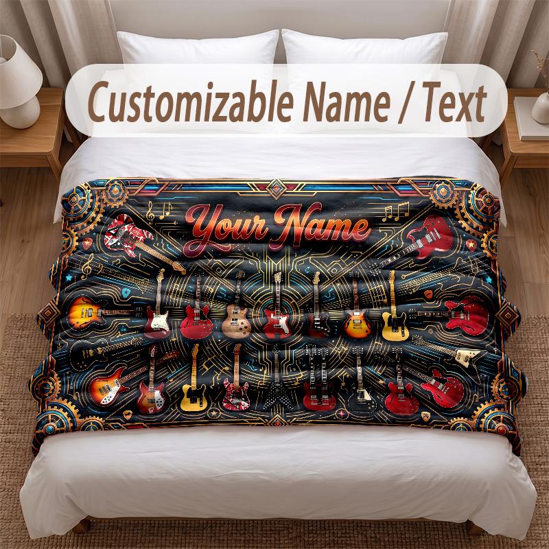 Music Guitar Theme Soft Blanket Personalized Custom Name Text Print Warm Blanket Home Sofa Bedroom Decor