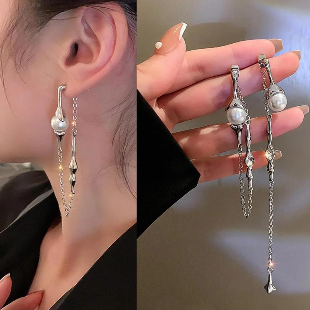 Statement Fashion Ladies Asymmetric Pearl Long Tassel Earrings Korean Style A Two-wear Drop Chain Jewelry Accessories