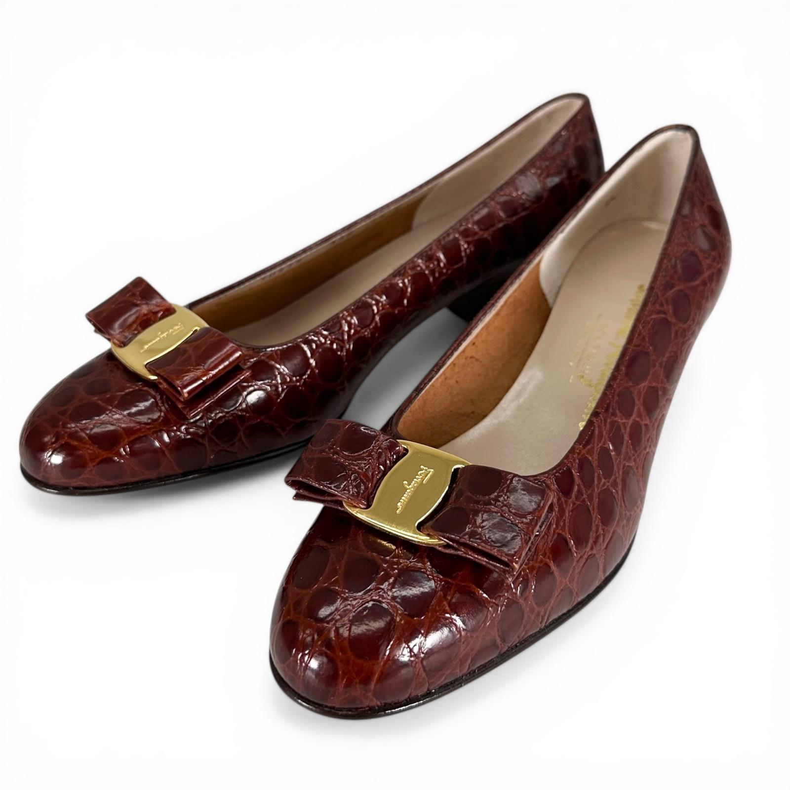 Pristine Salvatore Ferragamo pumps VARA Croco embossed Brown Women 7.5 Used