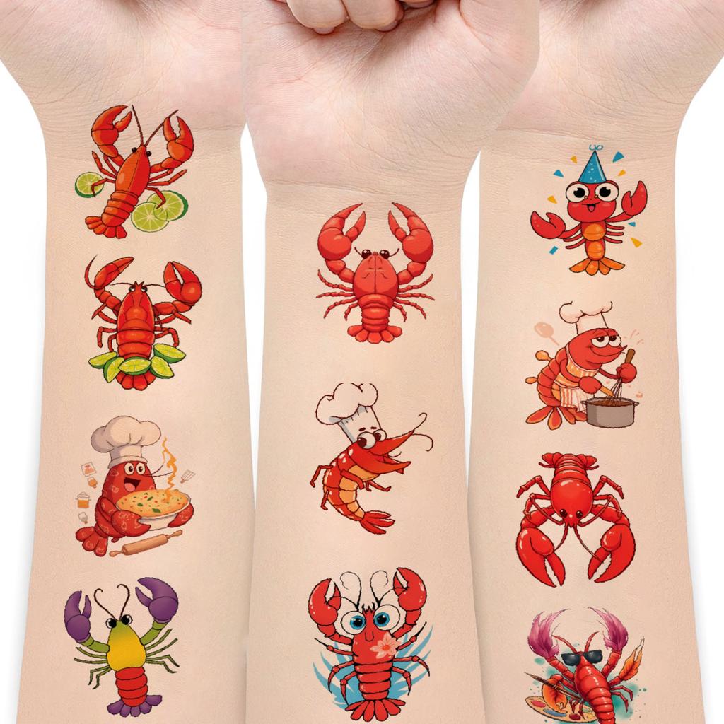 54pcs Temporary Tattoo Baker Lobster Waterproof Long-Lasting Body Stickers Magnifying Glass Lobster Lobster With Lime Cartoon