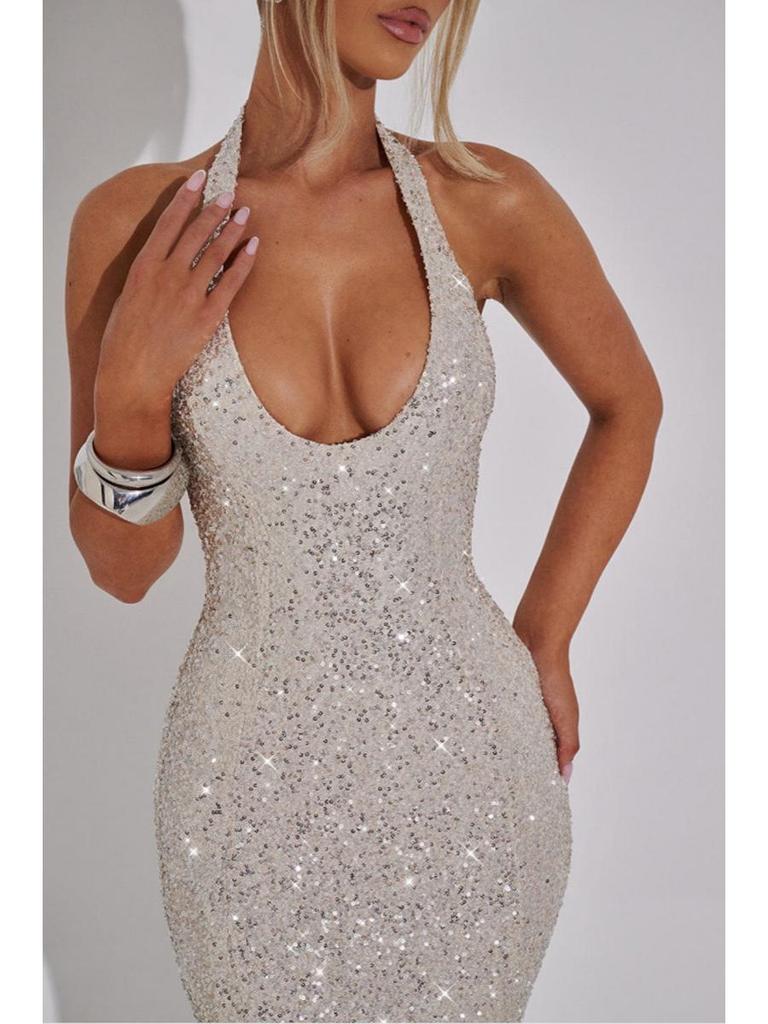 2024 Γυναικείο Αμάνικο Bodycon Φόρεμα Halter με Σχέδιο που Σφίγγει τη Μέση - Σέξι Μονόχρωμο για Φθινόπωρο/Χειμώνα